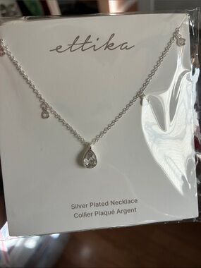 ettika Silver Plated Necklace with Clear Teardrop Pendant